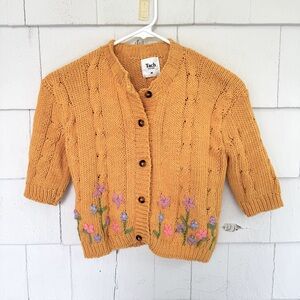 TACH Button Down Cardigan Sweater Yellow Orange Embroidered Flowers size Medium